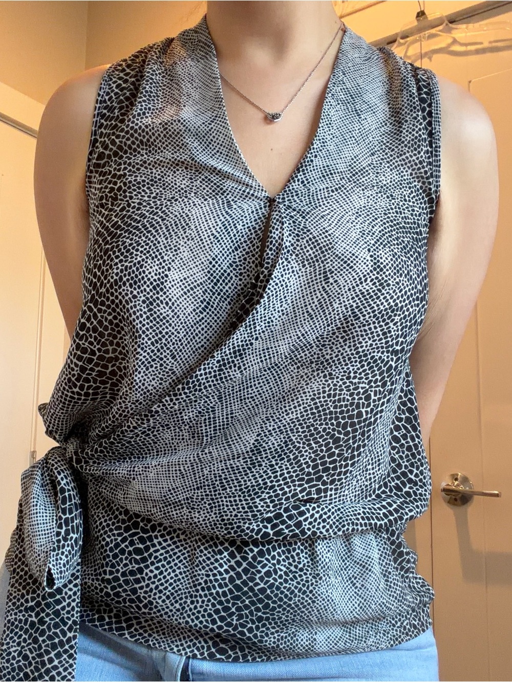 Michael Kors Black and White Animal Print Sleeveless Wrap Blouse